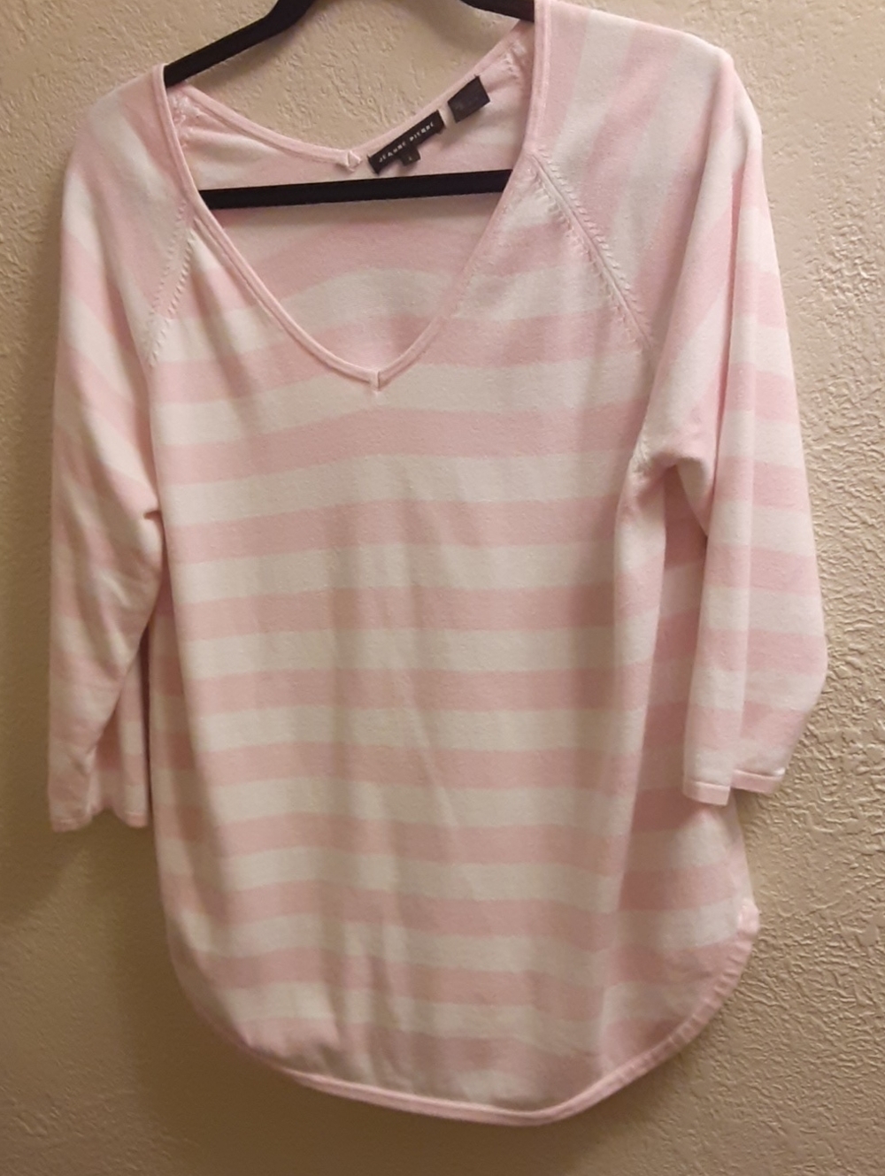 JEANNE PIERRE Pink & White Striped V-Neck Long Sleeve Top